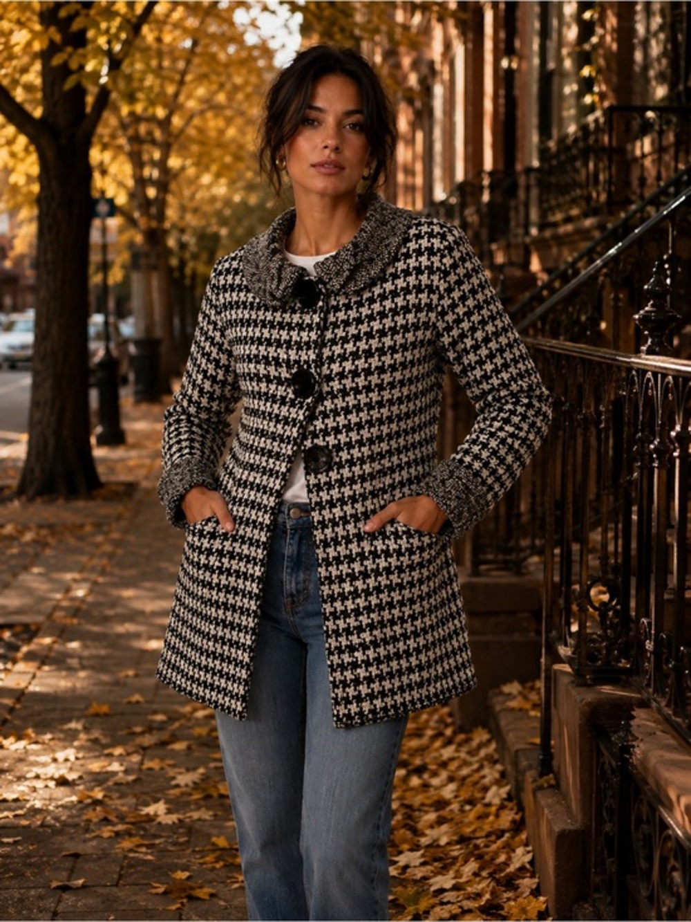 Curio Black and White Houndstooth Wool Blend Knit Cardigan Coat - Size XS